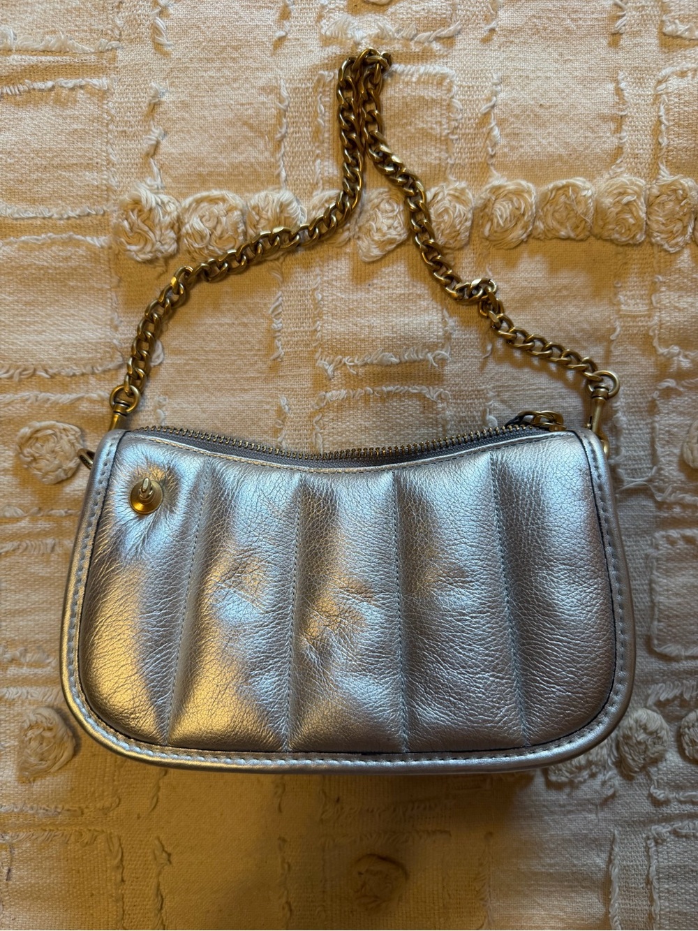 Coach Metallic Silver Quilted Mini Shoulder Bag with Chain